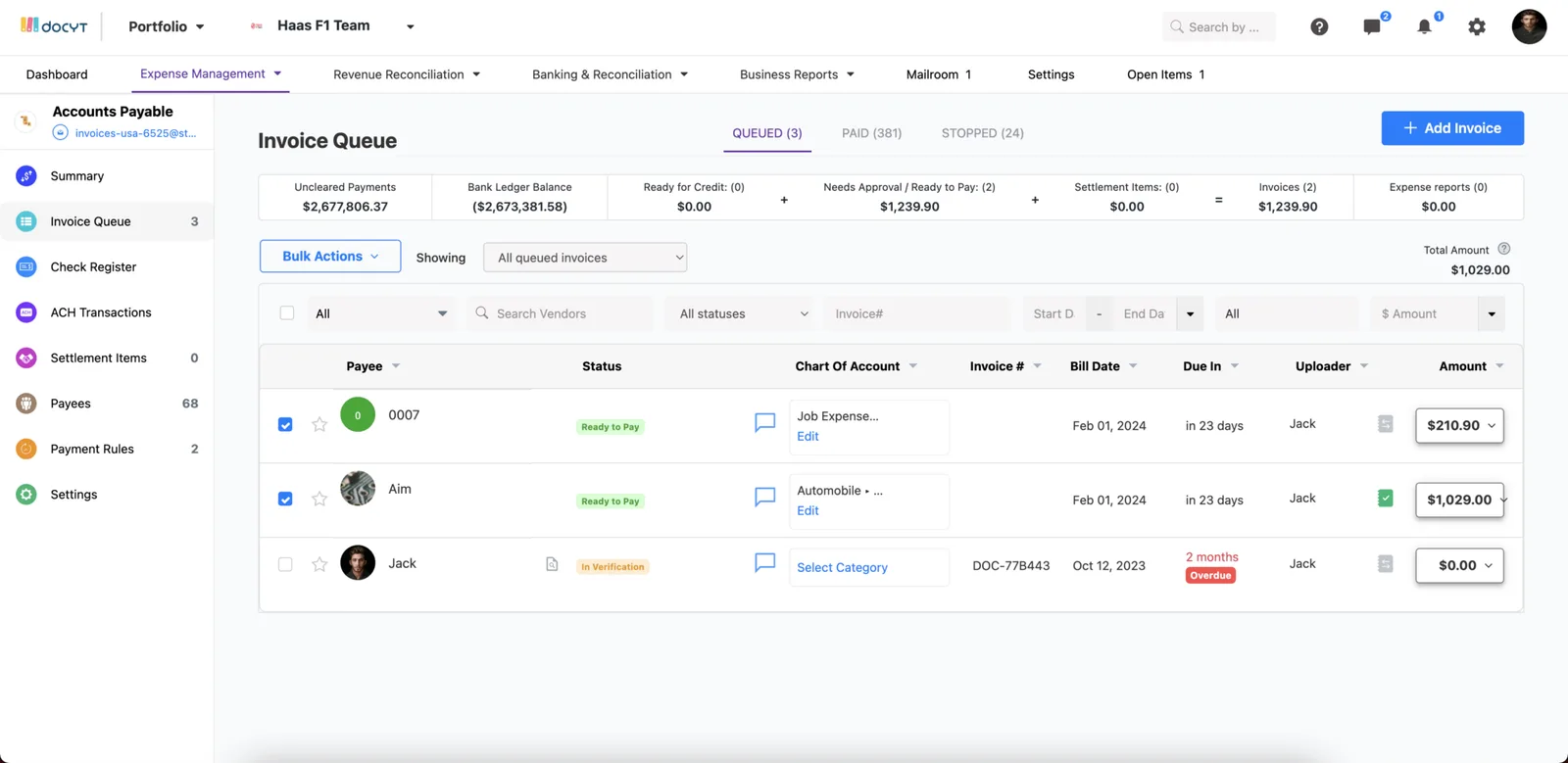 Docyt Invoice Queue - Bulk Updates