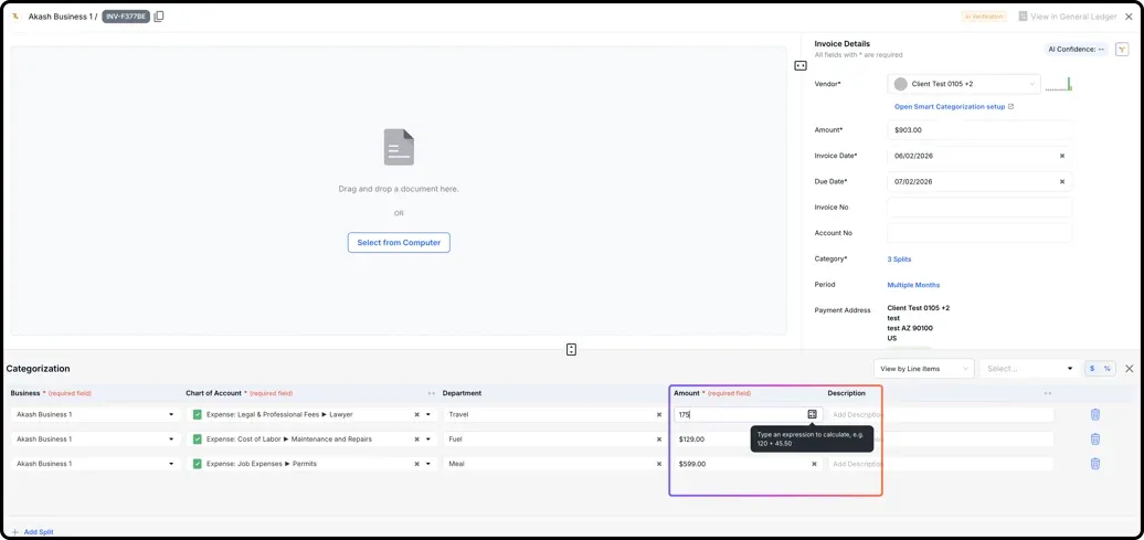 In Cell Calculator Invoice Split Amount Fields