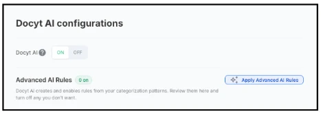 Docyt AI configurations panel with Advanced AI Rules