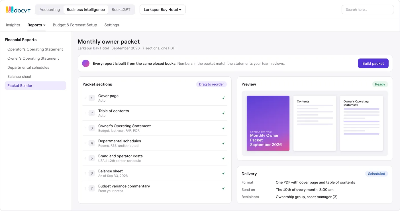Docyt Packet Builder creating a monthly owner packet as one PDF