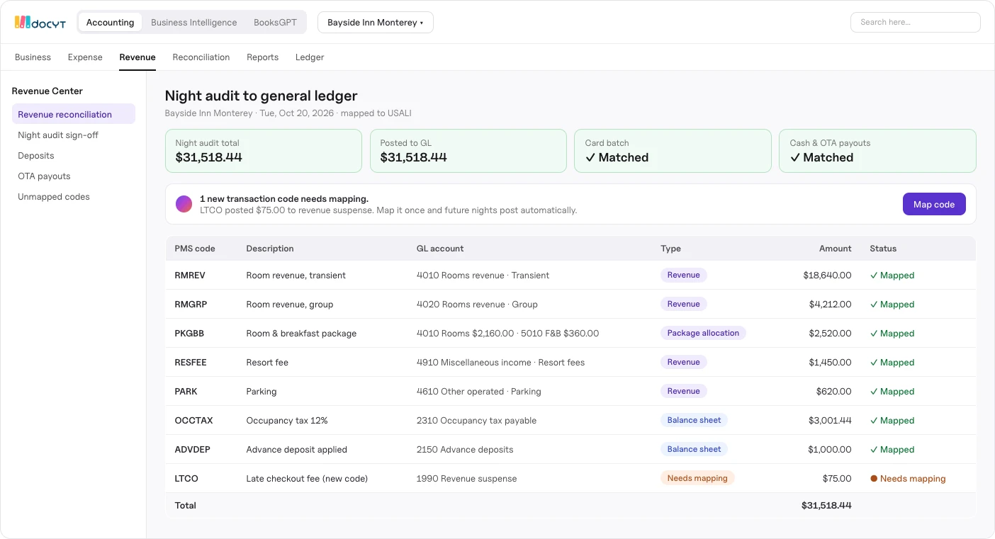 Docyt mapping hotel PMS night audit revenue to the general ledger
