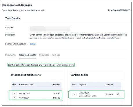Reconcile Cash Deposits task with undeposited collections paired to a bank deposit by Docyt AI