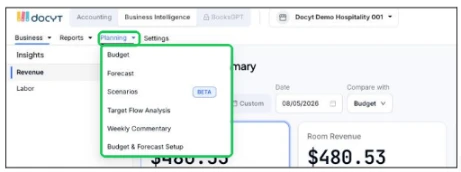 Docyt Business Intelligence with the unified Planning menu open