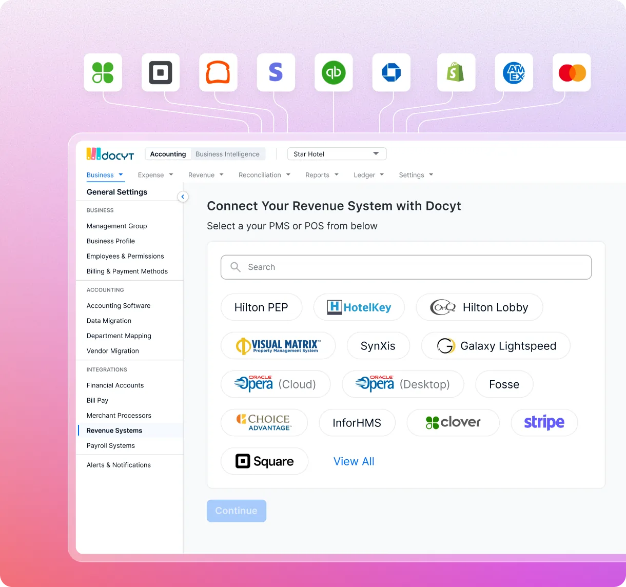 Docyt: connect your PMS or POS from the integrations list