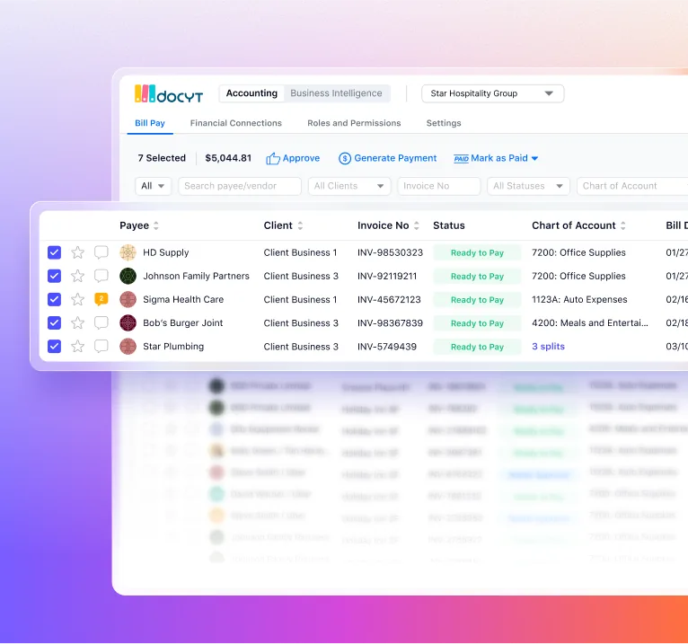 Docyt firm console: Bill Pay across every client from one queue