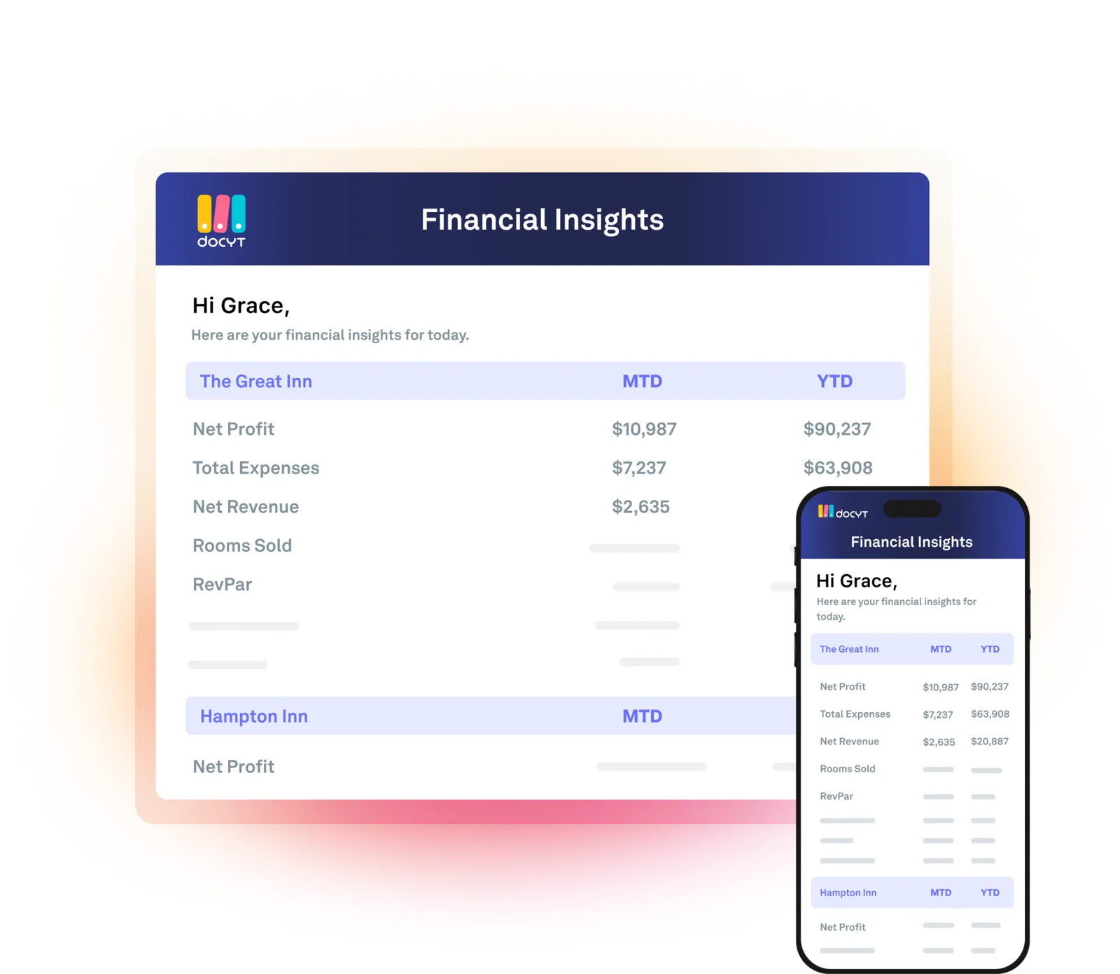 Docyt Financial Insights email: daily revenue and profit by property in the GM's inbox and on the phone