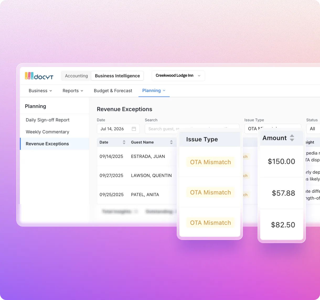 Docyt revenue exceptions: OTA mismatches flagged by guest, date and amount