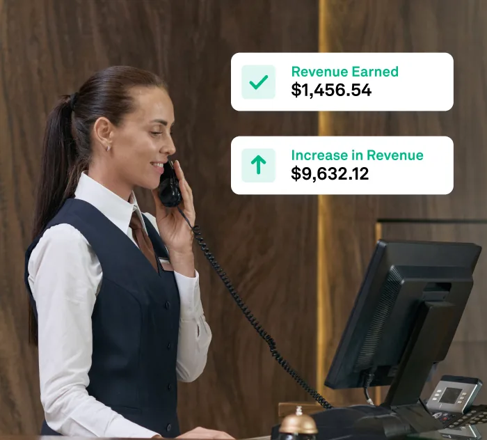 Hotel front desk with revenue earned and increase in revenue