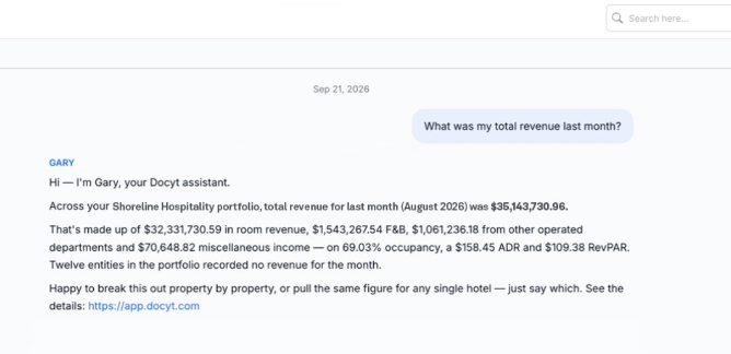 BooksGPT answering a question about total revenue last month across a hotel portfolio